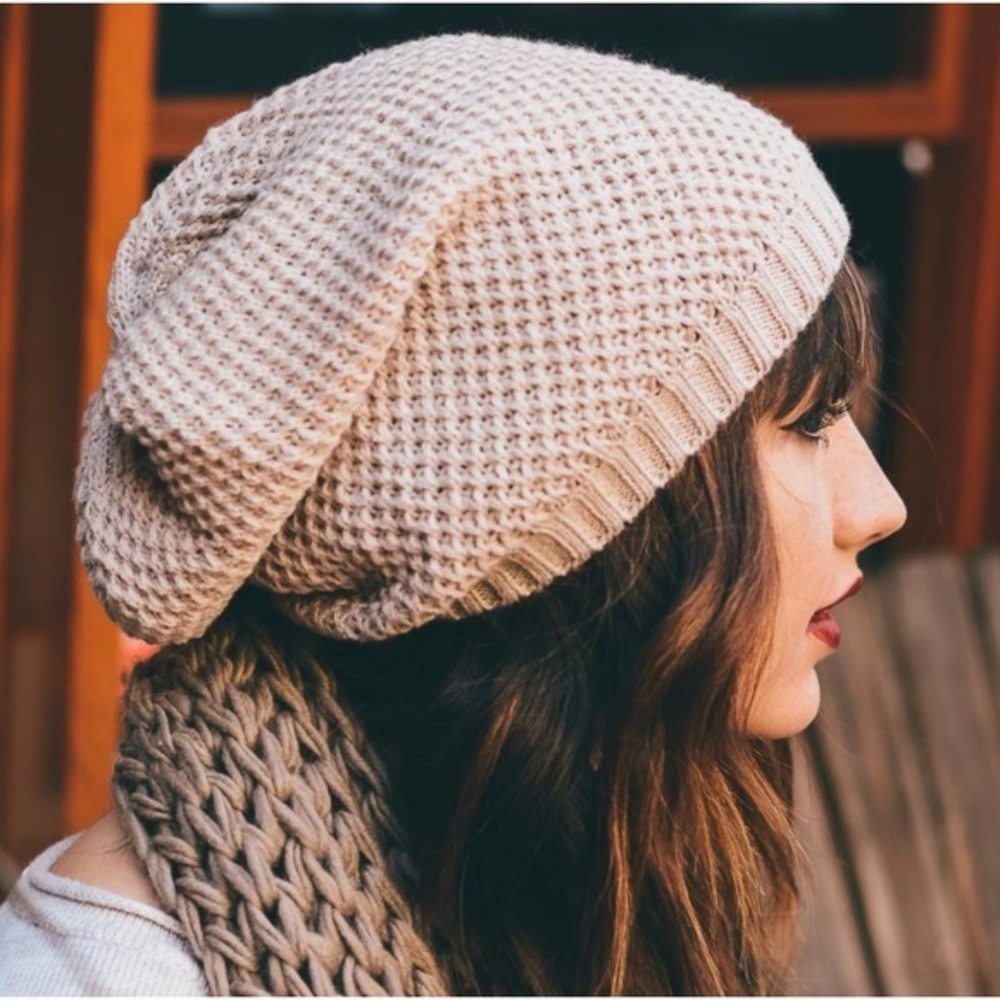 waffled // knit slouchy beanie hat oatmeal beige